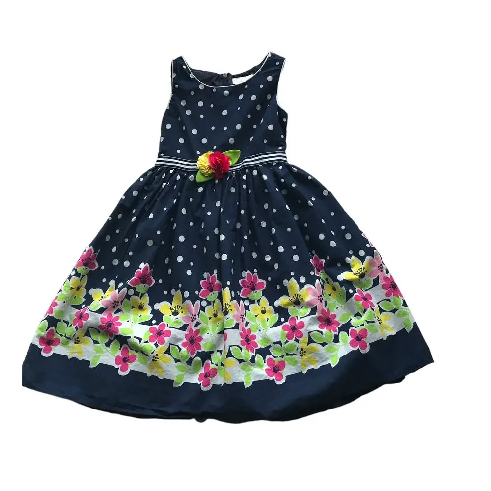 Youngland Dress Navy Blue Floral Polka Dots Sleeveless A-Line Girls Size 6X